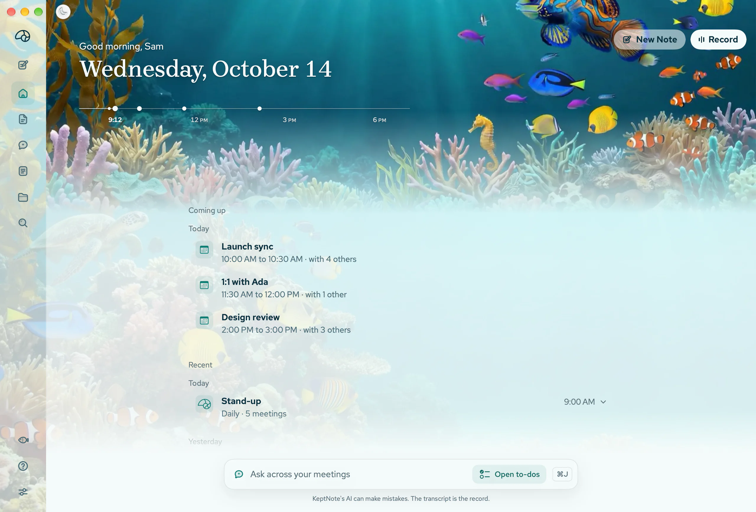 KeptNote's Home: today's date over the reef, the next meeting and when it starts, the day line, and today's meetings from the calendar. On the left, the Shallows, the app's daylight look; on the right, the Deep, its night look.