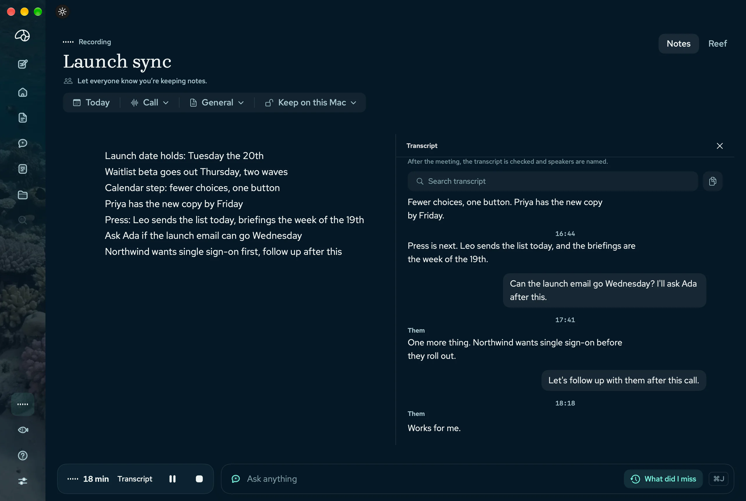 Beside the call, KeptNote's own window on the Mac: Recording, Launch sync, and a few typed words.