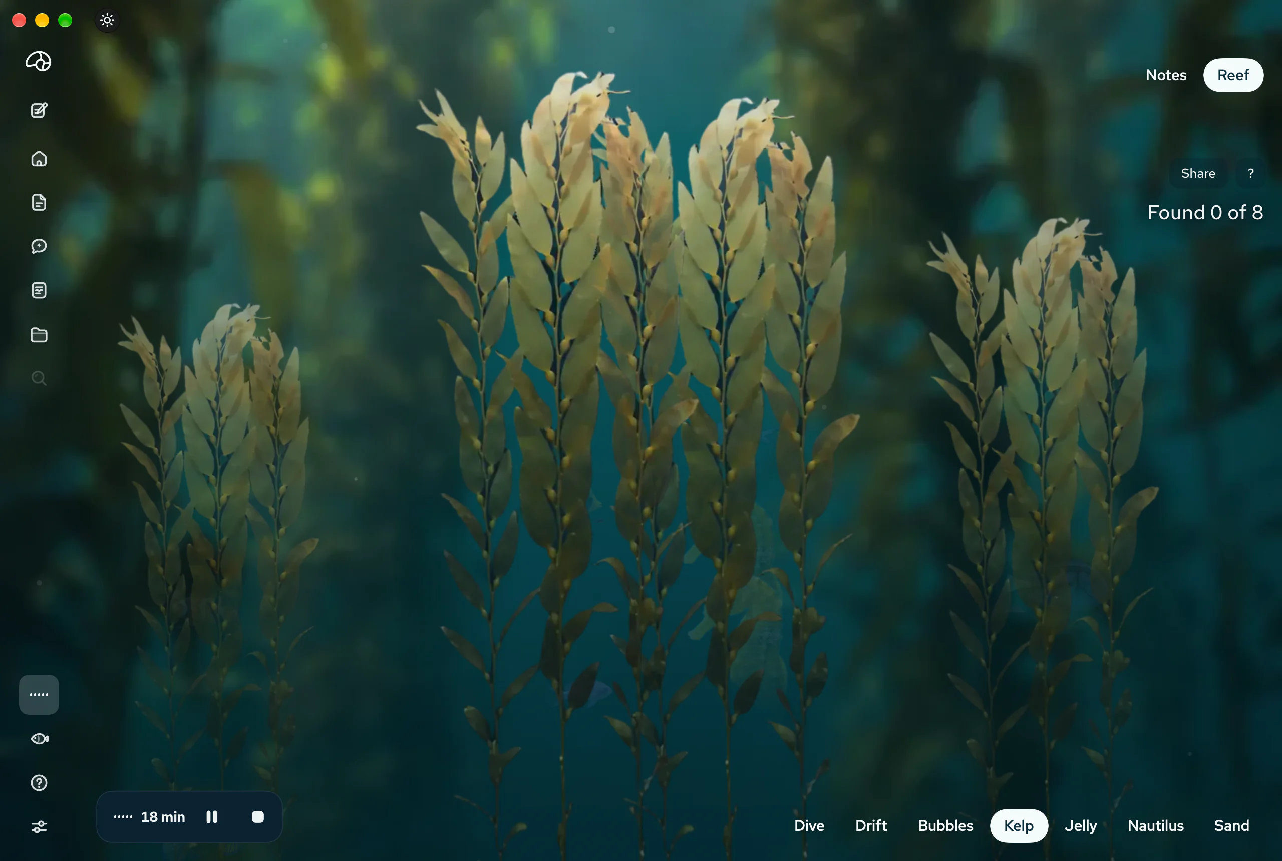 A meeting in progress with the Reef showing instead of the notes: a living kelp forest while the transcript keeps running.