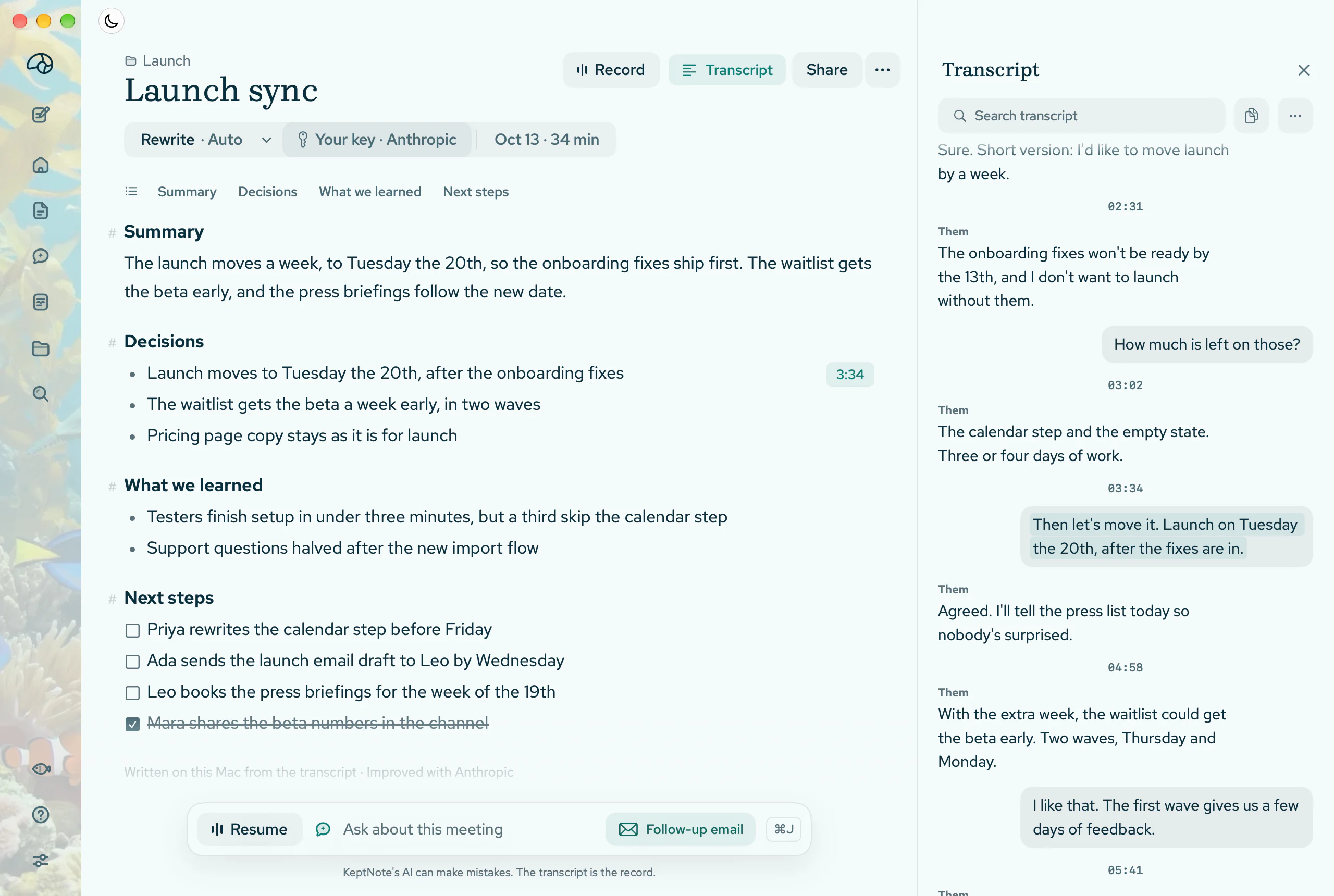 The finished note. Under Decisions, Launch moves to Tuesday the 20th, after the onboarding fixes, with its time 3:34 ringed, and a line drawn to the transcript beside it, where the sentence said at 03:34 is ringed: Then let's move it. Launch on Tuesday the 20th, after the fixes are in.